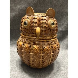 Vintage Mid Century Woven Wood Wicker‎ OWL Lidded Basket Storage Trinket Box 8"